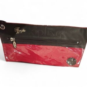 Fergie for Kipling Red and Black Zip Wristlet Clutch with Domino Printed  Lining